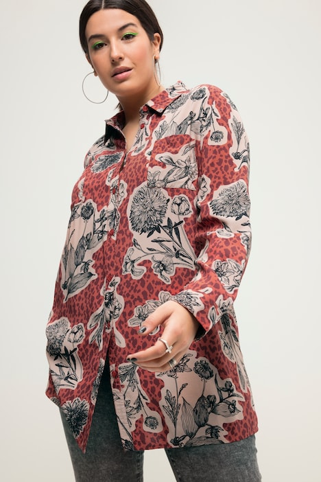 Hemdbluse, Boxy Shape, Flower-Print, Hemdkragen, Langarm