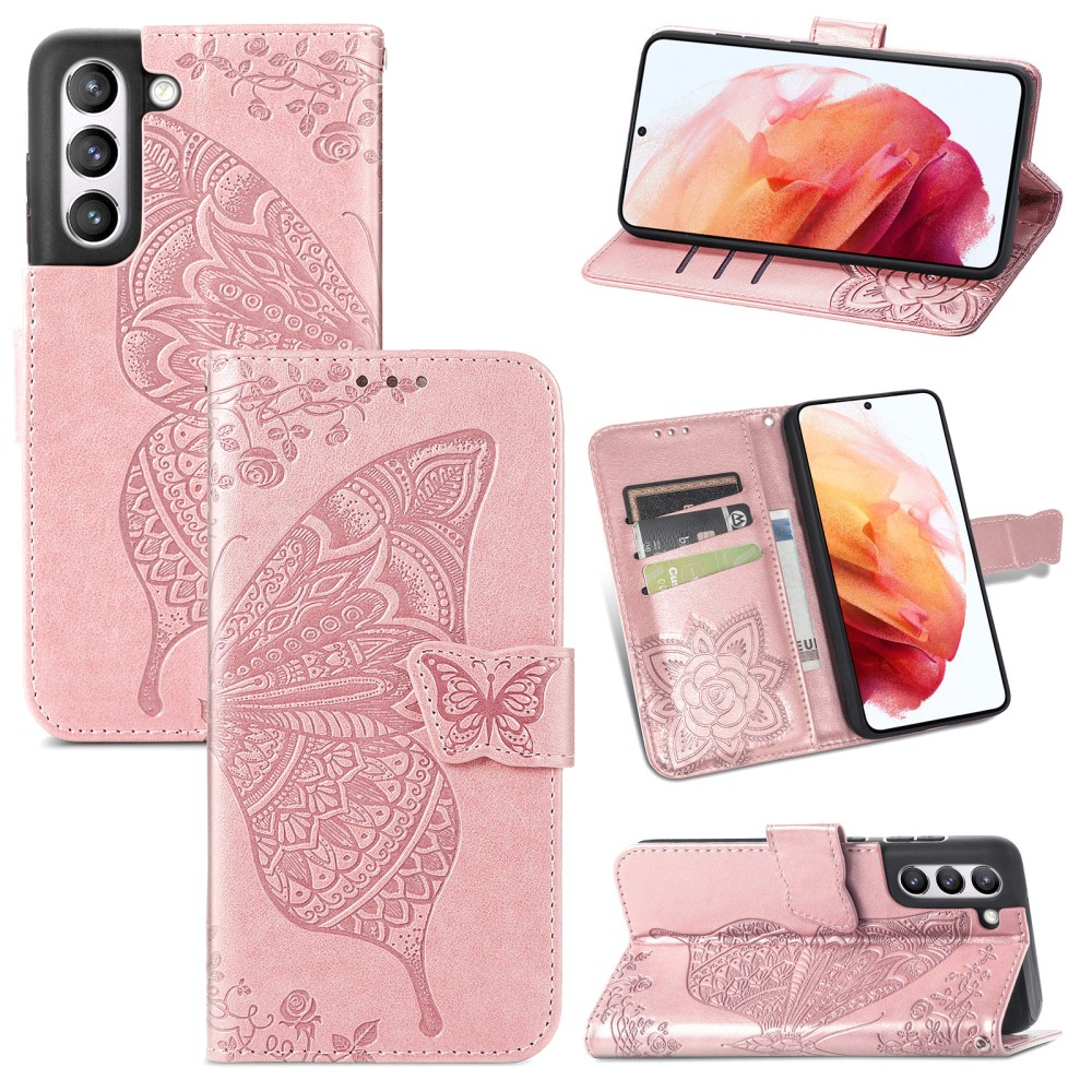 Samsung Galaxy S21 FE 5G Leder Tasche Flip Cover Schmetterlinge Imprint - Roségold