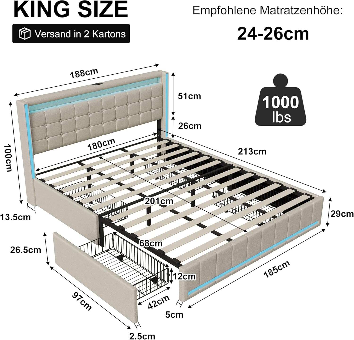 Polsterbett Doppelbett 180x200 cm, Stauraumbett mit 4 Schubladen, Bett 180x200 mit Bettkasten und Lattenrost, LED Kopfteil mit USB Ladestation, Jugendbett Funktionsbett Rückenlehne Bett, Leinen
