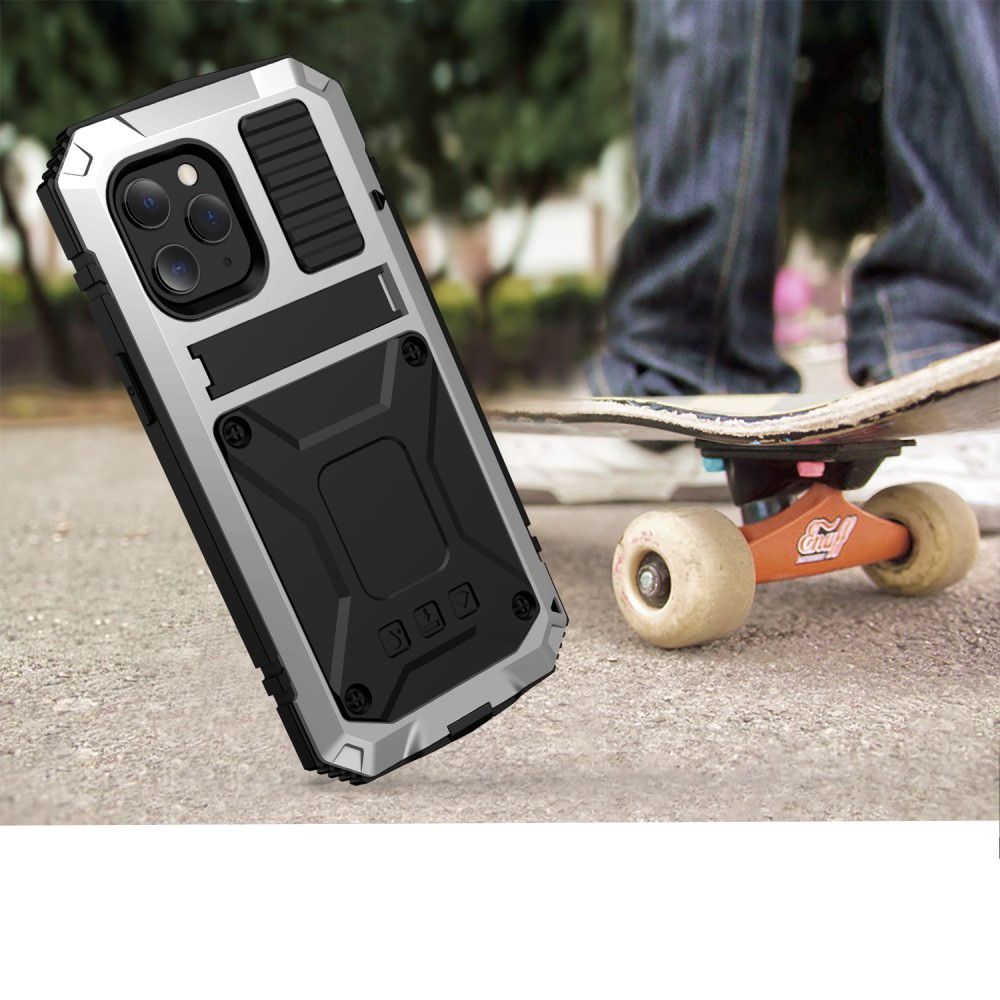 iPhone 12 / iPhone 12 Pro Spritzwasserfeste Hybrid Silikon Metall Outdoor Case Hülle   Panzerfolie - Silber / Schwarz