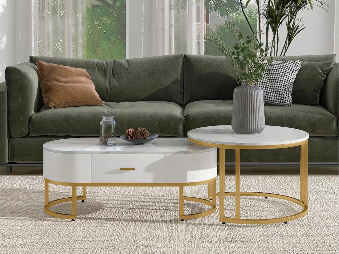 Lot de 2 tables basse gigognes avec tiroir - pièds métallique - placage marbré - blanc