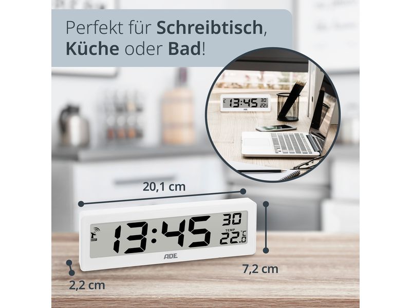 ADE Funkuhr DCF mit XXL-Ziffern digital Weiss Digitale DCF-Funkuhr mit Temperaturanzeige