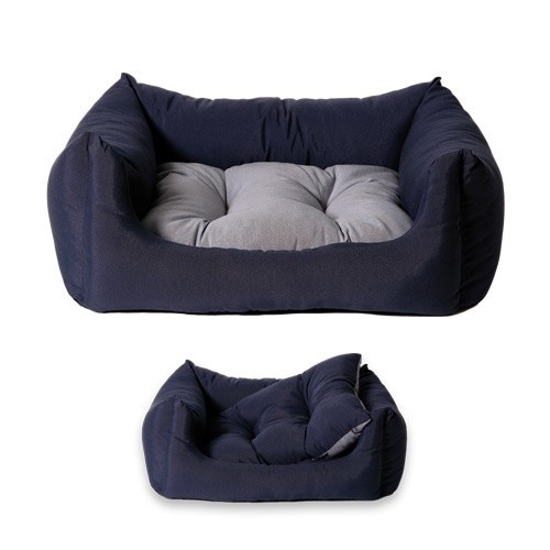 Cama de lona confortável para cães nas cores azul-marinho e cinza.