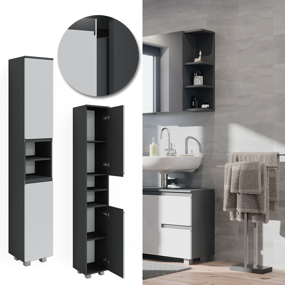 Vicco Hochschrank Badschrank Badezimmermöbel J-shape Anthrazit Weiß modern 30x190cm Badezimmer Schrank Badmöbel Schranktür Schrankfach Aufbewahrung Ablage
