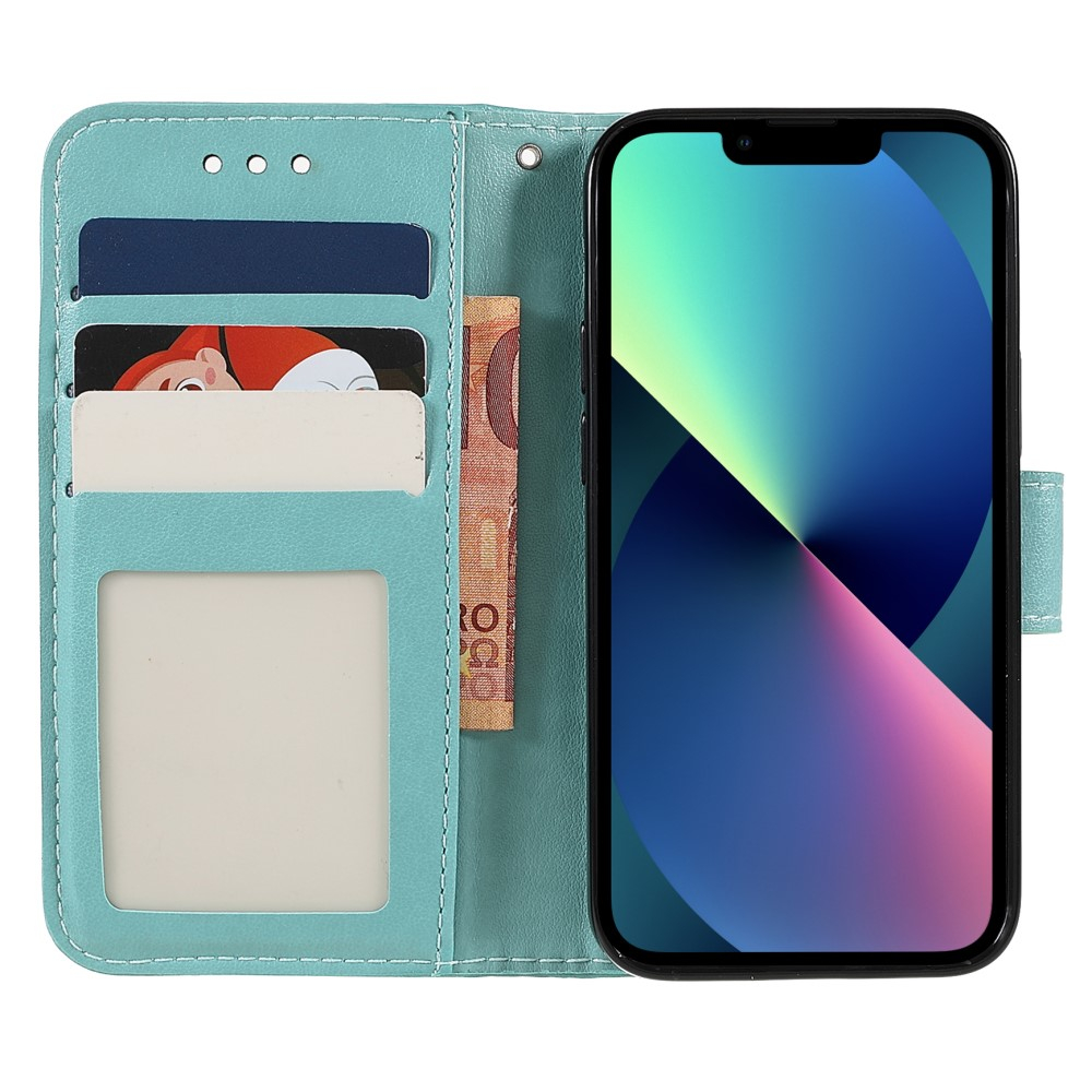 iPhone 13 Leder Tasche Wallet - Mandala Flowers Imprint - Türkis