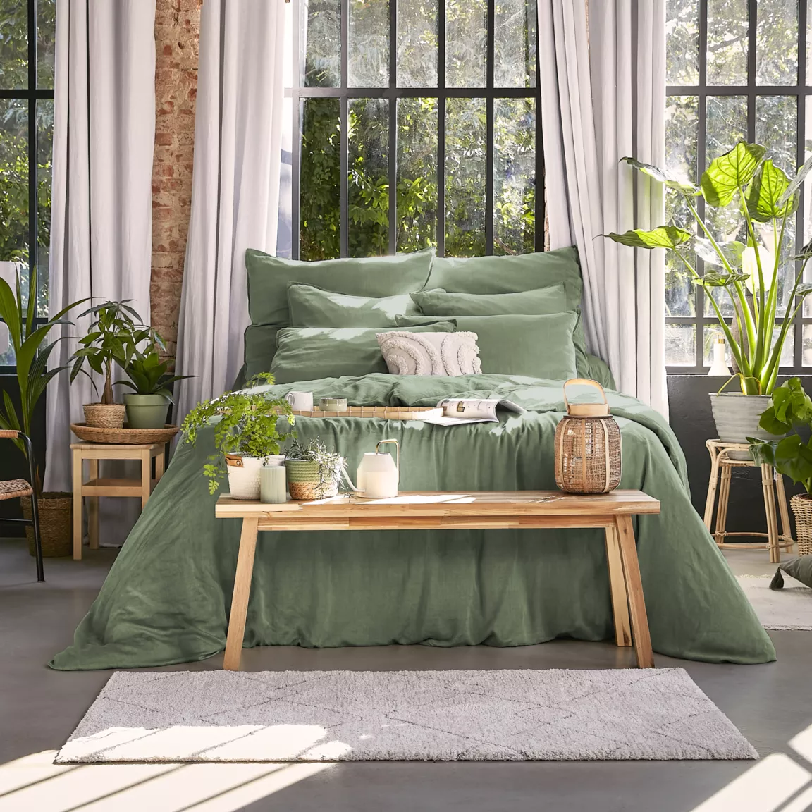 Drap housse lyocell Tencel™ lavé (160 x 200 cm) Olivia Vert romarin