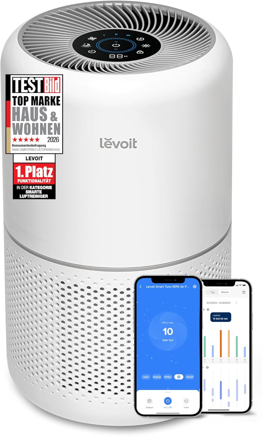 LEVOIT Luftreiniger mit HEPA Luftfilter gegen 99,97 Prozent Schimmel Staub Pollen Tierhaare, Luftqualitäts-Feedback und Auto-Modus, CADR 240m³/h für Raucherzimmer, Air Purifier 22dB Schlafmodus Timer