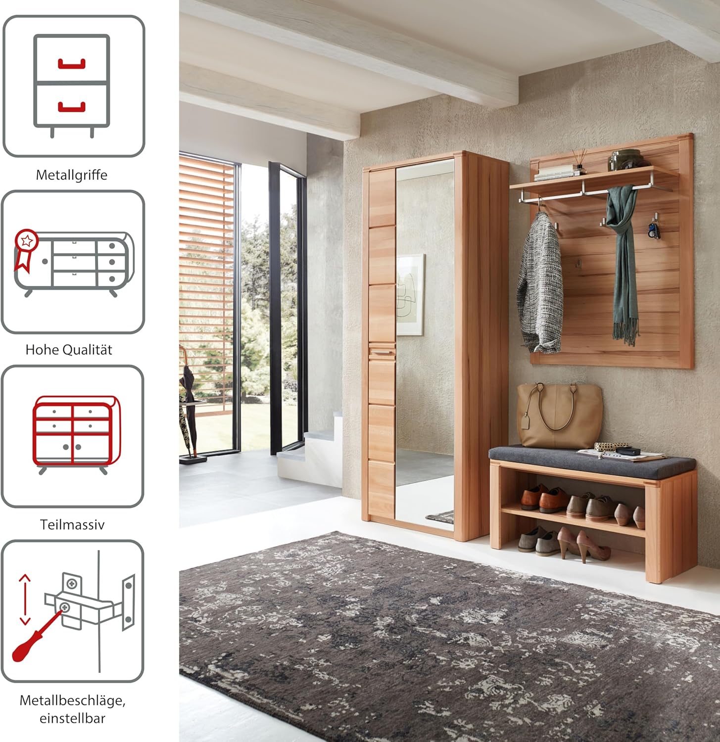 Stella Trading Nature ONE Garderobenschrank mit Spiegel in Kernbuche Teil-massiv FSC-Zertifiziert - Flurgarderoben Schrank mit viel Stauraum - 74 x 201 x 40 cm (B/H/T)