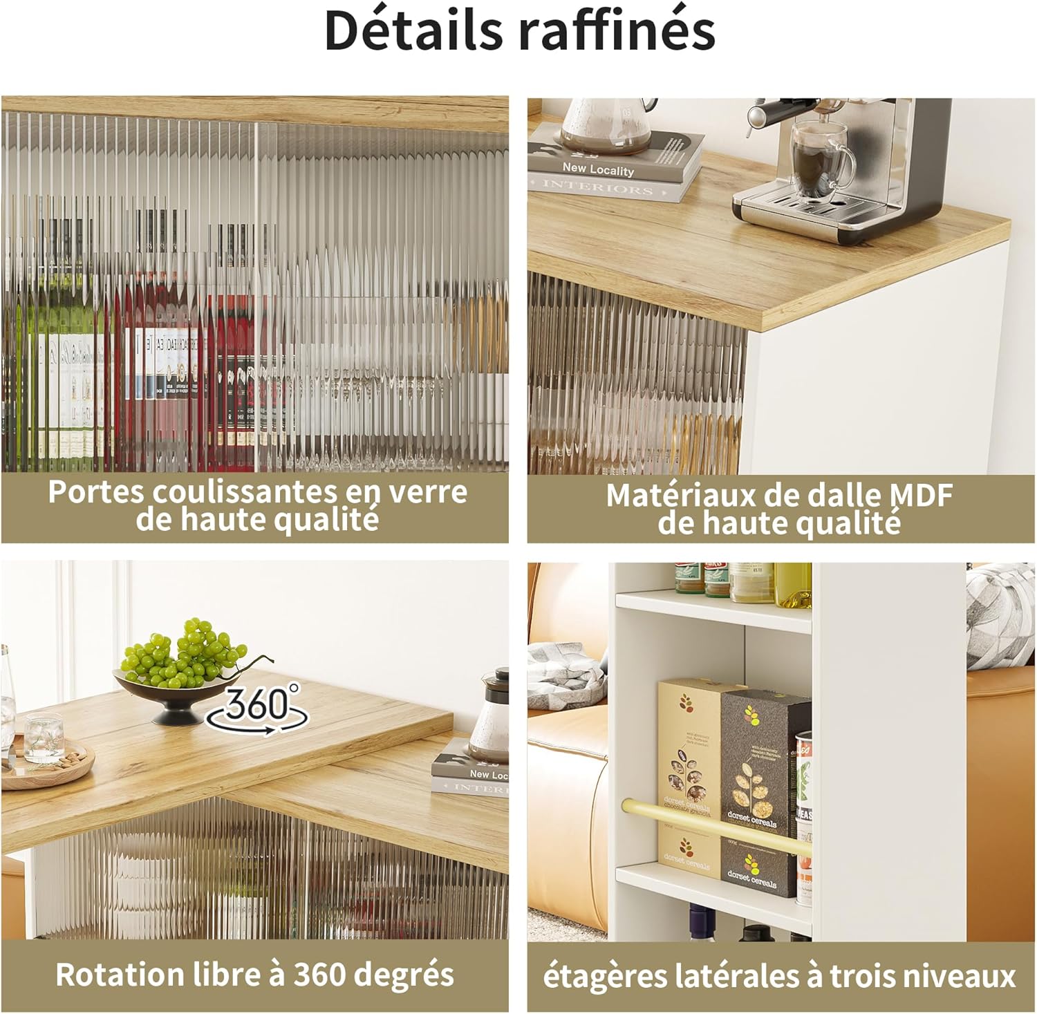 Azkoeesy Bartisch Esstisch 360° drehbare mit Stauraum, 90 x 45 x 100-165 cm, mit Rollen, Seitenregal, Schiebetüren aus Glas, Stehtisch/Bistrotisch/Hochtisch/Kücheninsel, weiß