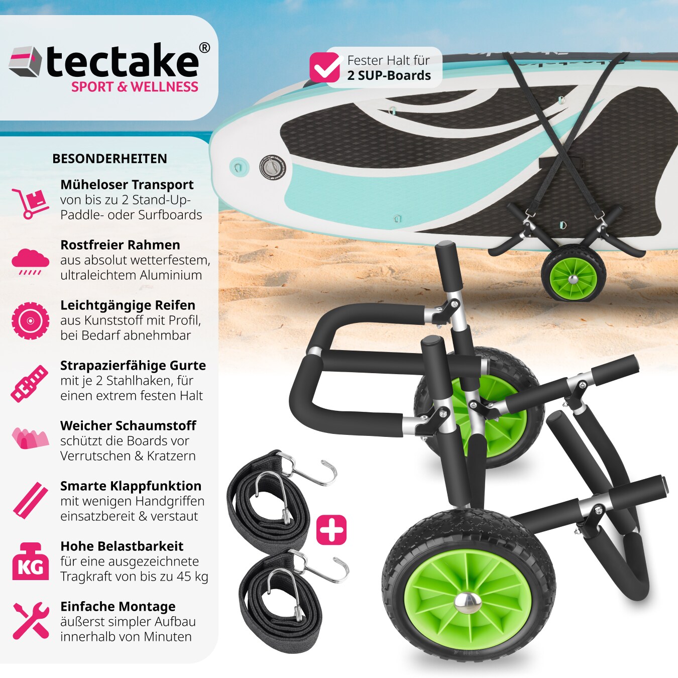 tectake® Surfboard Transportwagen, klappbar, für bis zu 2 Boards, Schaumstoffpolsterung, inkl. 2 Sicherungsgurte, 62 x 53 x 49 cm