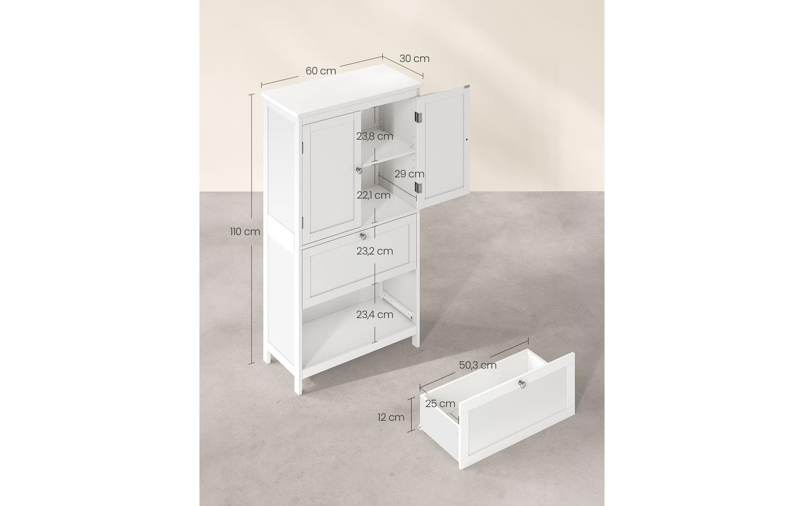Vitrine Landhausstil 60 x 110 cm, Weiss<br>Schrank mit 2 Schubladen