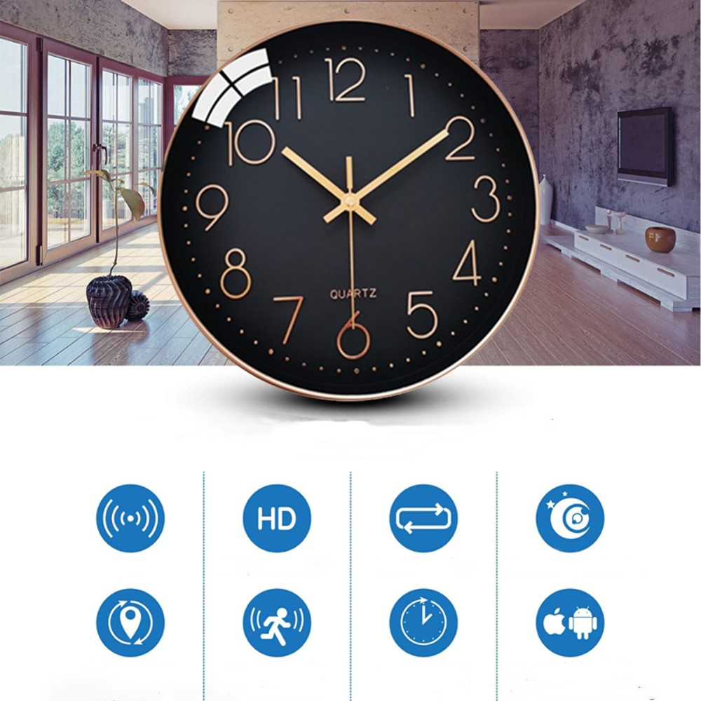 Wanduhr mit integrierter Mini WiFi IP Kamera Full HD 1080p mit Akku (2800mAh)   Micro SD Kartenslot (iOS/Android) - Bronze
