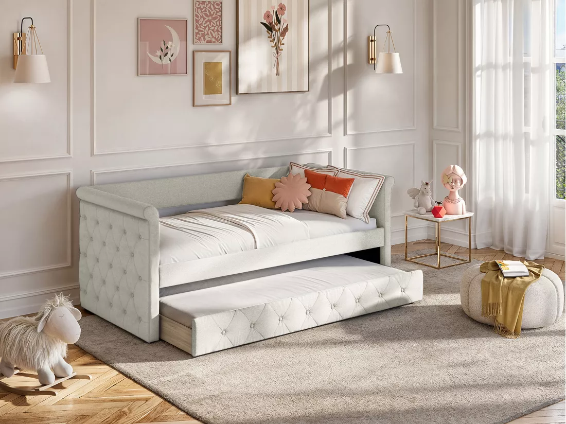 Lit banquette gigogne capitonné - 2 x 90 x 190 cm - Tissu - Beige + Matelas - LOUISE