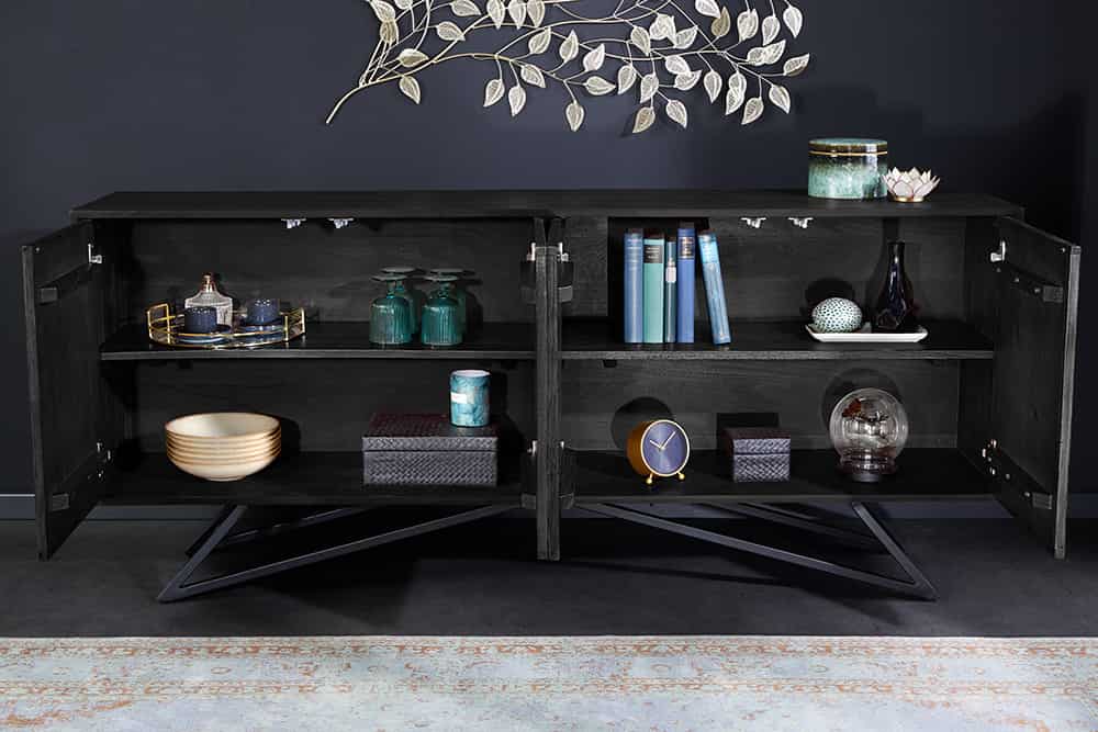 Massivholz Sideboard MOUNTAIN SOUL 175cm echter Naturstein schwarz Akazie Anrichte