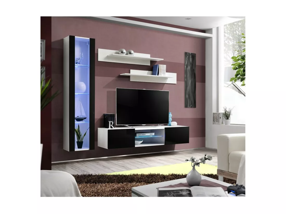 Ensemble Meuble TV FLY R2 – Blanc et Noir – LED intégré – Meuble suspendu design