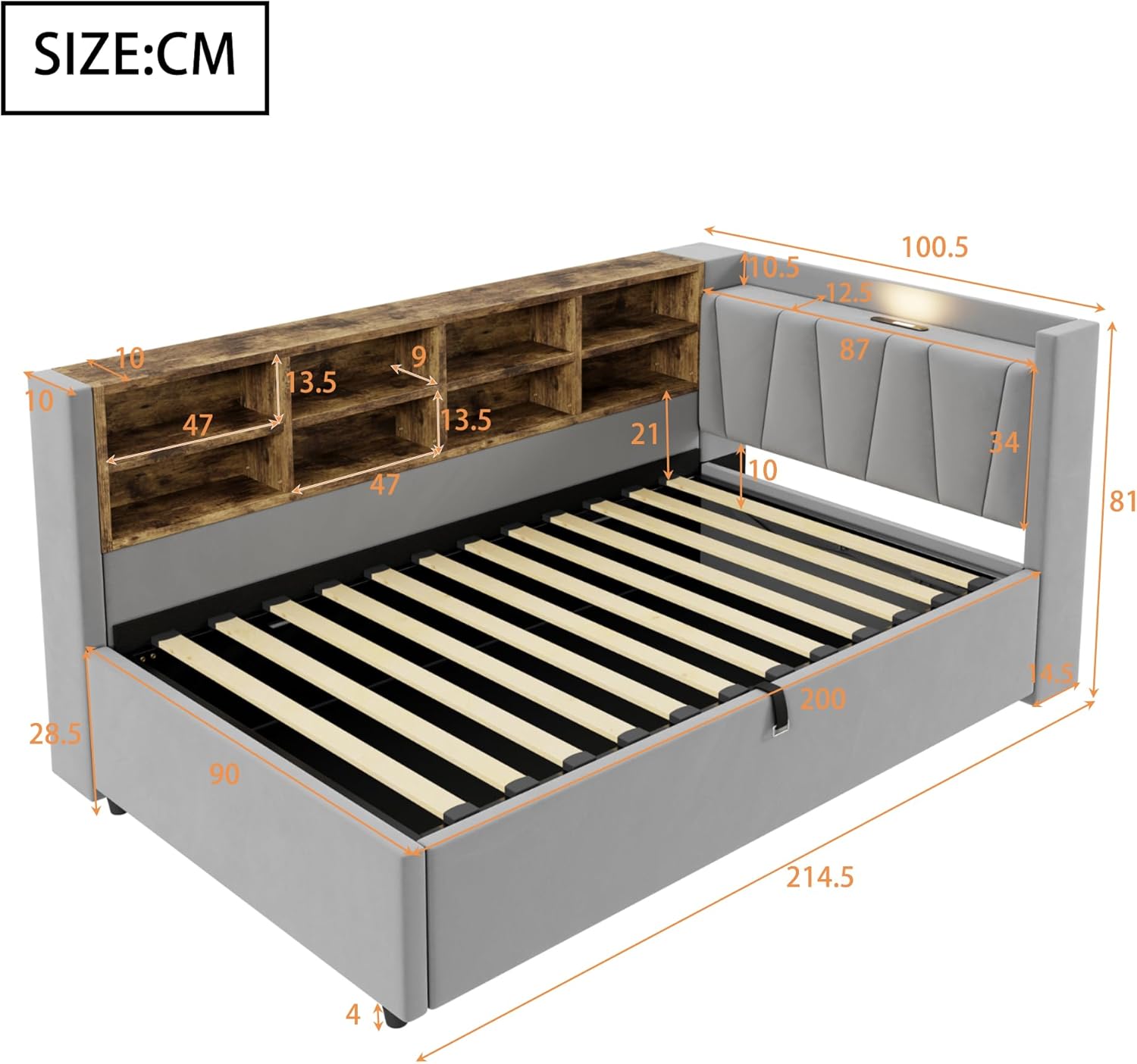 Azkoeesy Schlafsofa aus Samt 90 x 200 cm, Polsterbett mit Stauraum und Lattenrost | USB & Typ-C | Bettkasten & Staufächern | Nachtlicht | Hydraulischem Multifunktionsbett (Hellgrau, 90 x 200 cm)