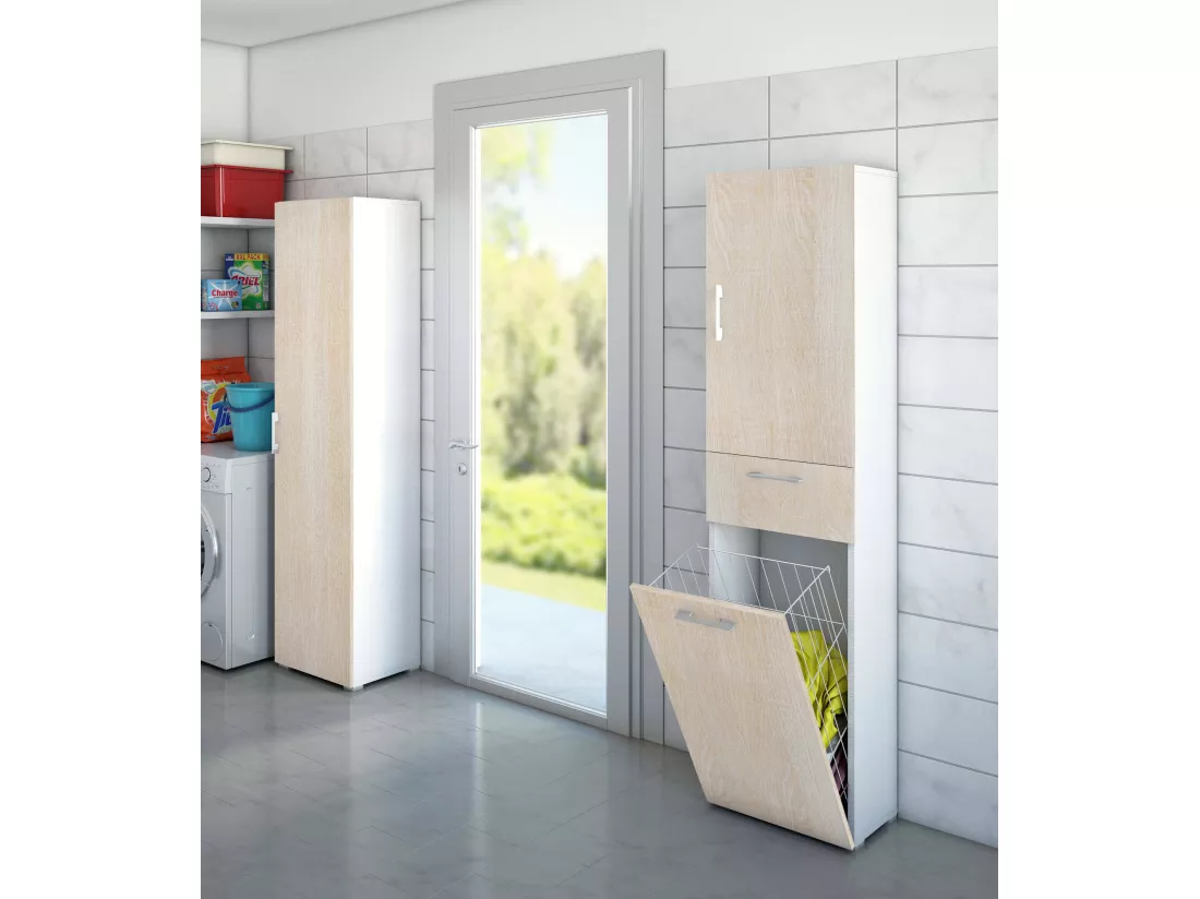Armoire polyvalente Dcosim, Armoire à linge linéaire avec 2 portes, Colonne de salle de bain avec panier à linge, 100% Made in Italy, 45x32h195 cm, Chêne et Blanc