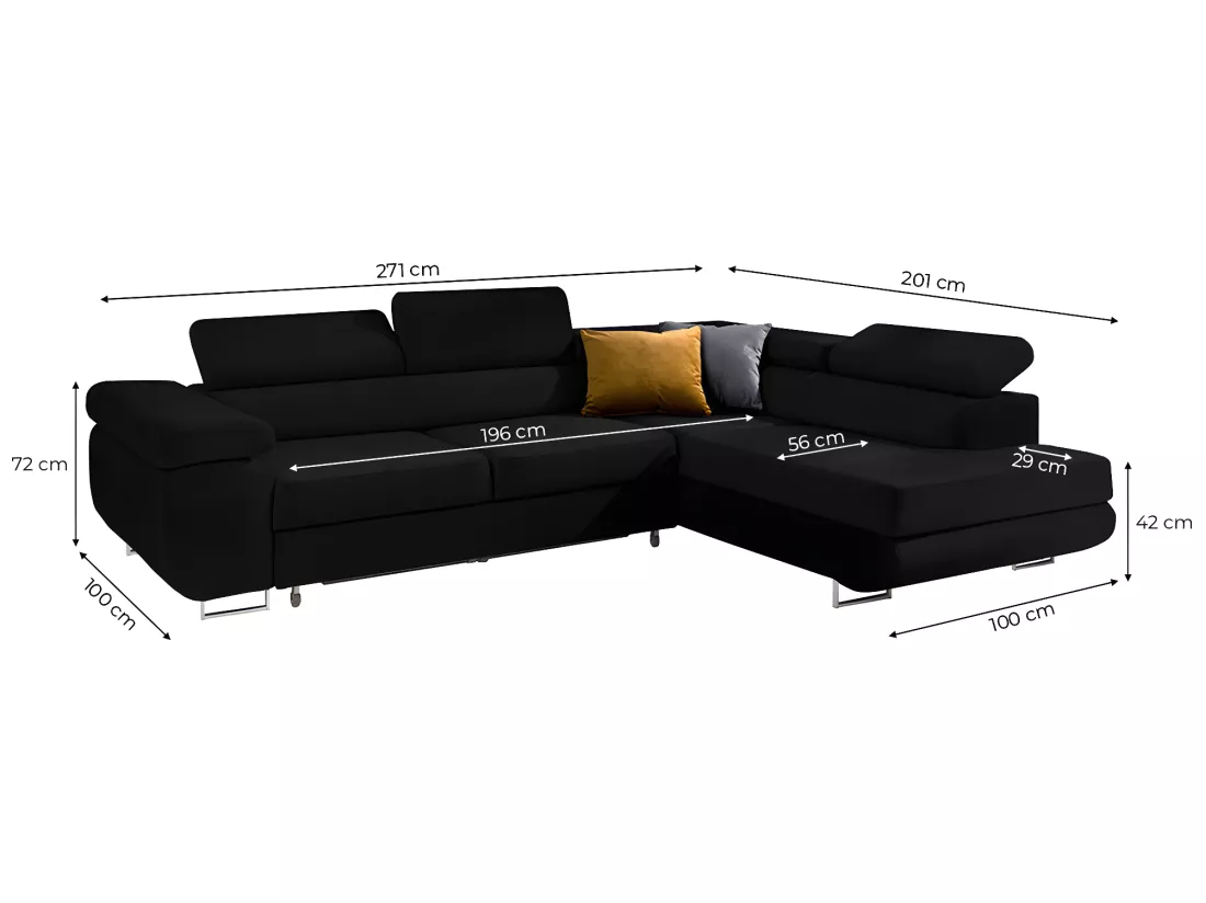 Canapé d'angle convertible droit 4 places Wilson velours Noir