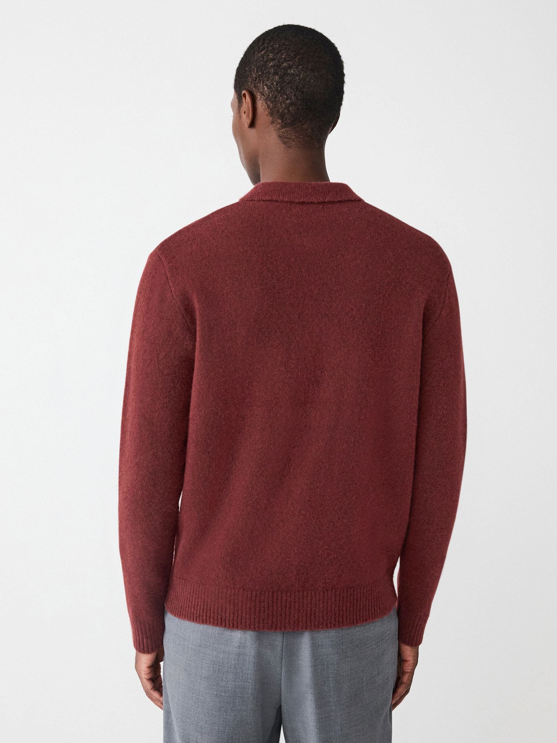 Dusky Red - Regular Fit Cosy Knit Polo Shirt with Wool