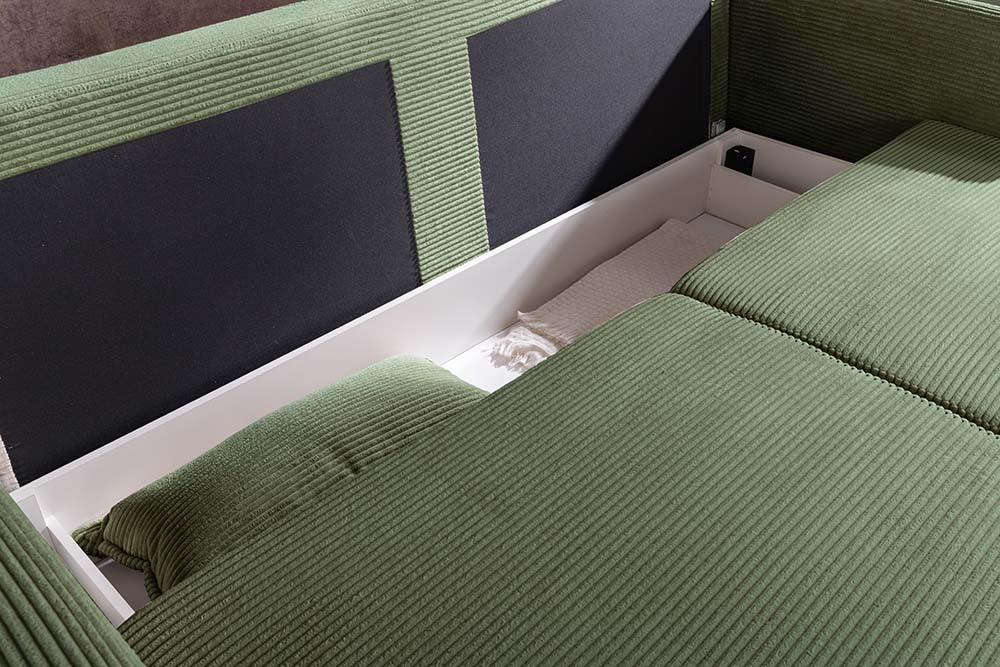 Design Schlafsofa APARTMENT 215cm grün Cord 3-Sitzer Couch inkl. Bettkasten Kissen