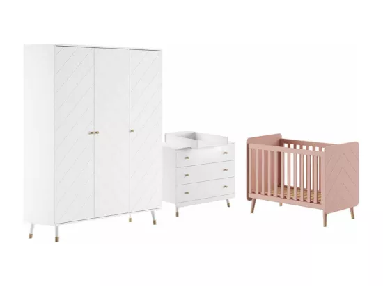 TINY WHITE - Chambre avec lit bébé rose + table à langer + Armoire 3 Portes