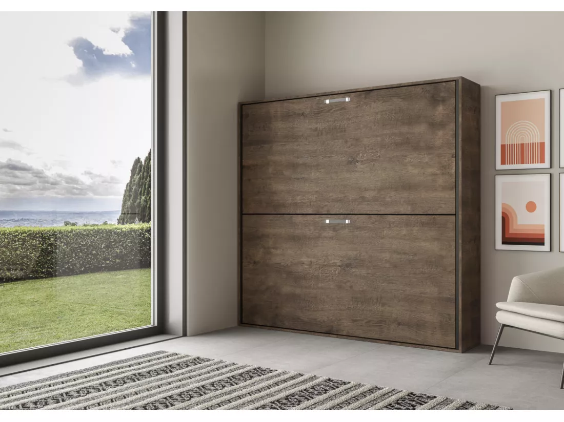 Lit escamotable superposé noyer horizontal 2 couchages 85x185 Bounto-