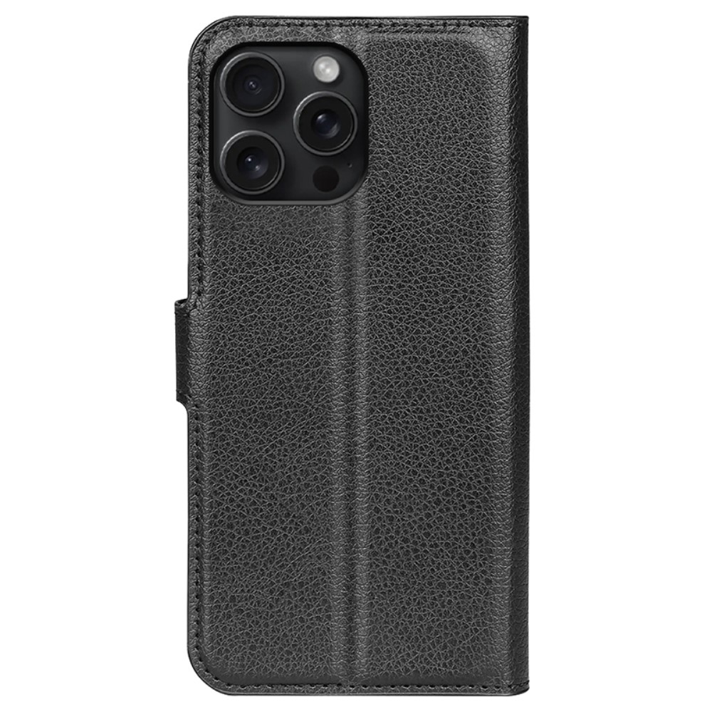 iPhone 16 Pro Max Leder Tasche Flip Cover Litchi Look - Schwarz