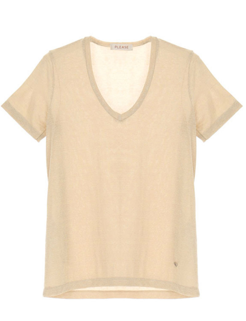 PLEASE T-SHIRT COL V MAILLE MÉTALLIQUE CHAMPAGNE