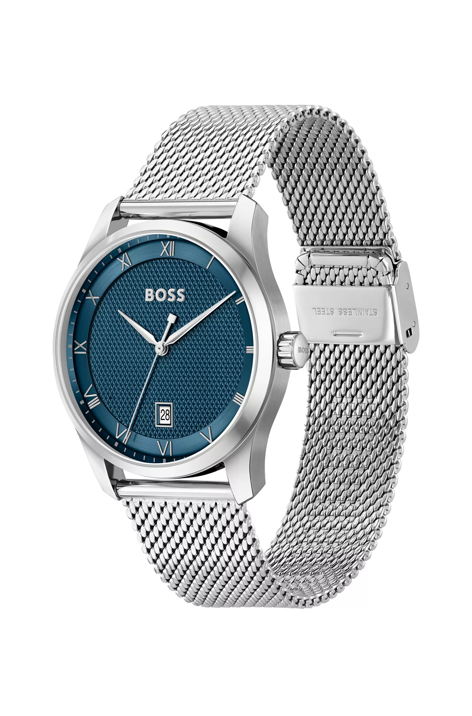 Relógio BOSS com pulseira de malha preta e mostrador com padrão azul.