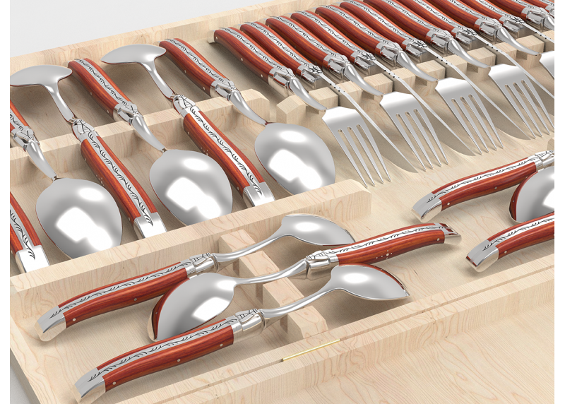 Service Laguiole de 24 pièces avec un manche en bois de rose et mitres en acier inoxydable
