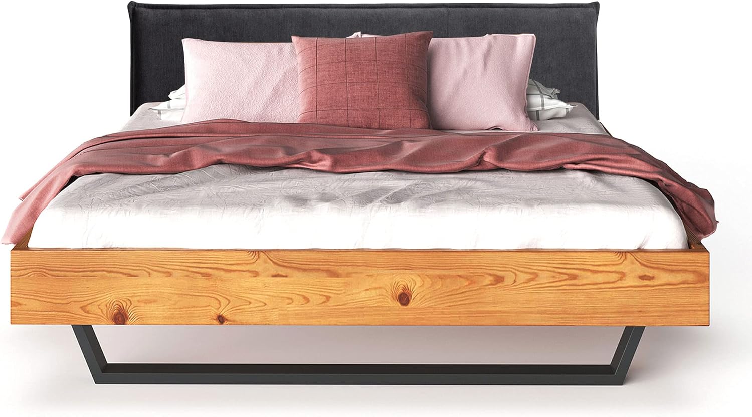 moebel-eins CURBY Kufenbett mit Polsterkopfteil, Material Massivholz, rustikale Altholzoptik, Fichte, Kufen schwarz