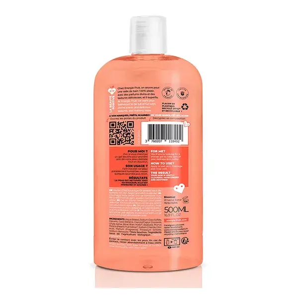 Energie Fruit My Shower Care para Pele Delicada, Gel de Banho com Água de Arroz Orgânico e Pêssego Branco, 500ml