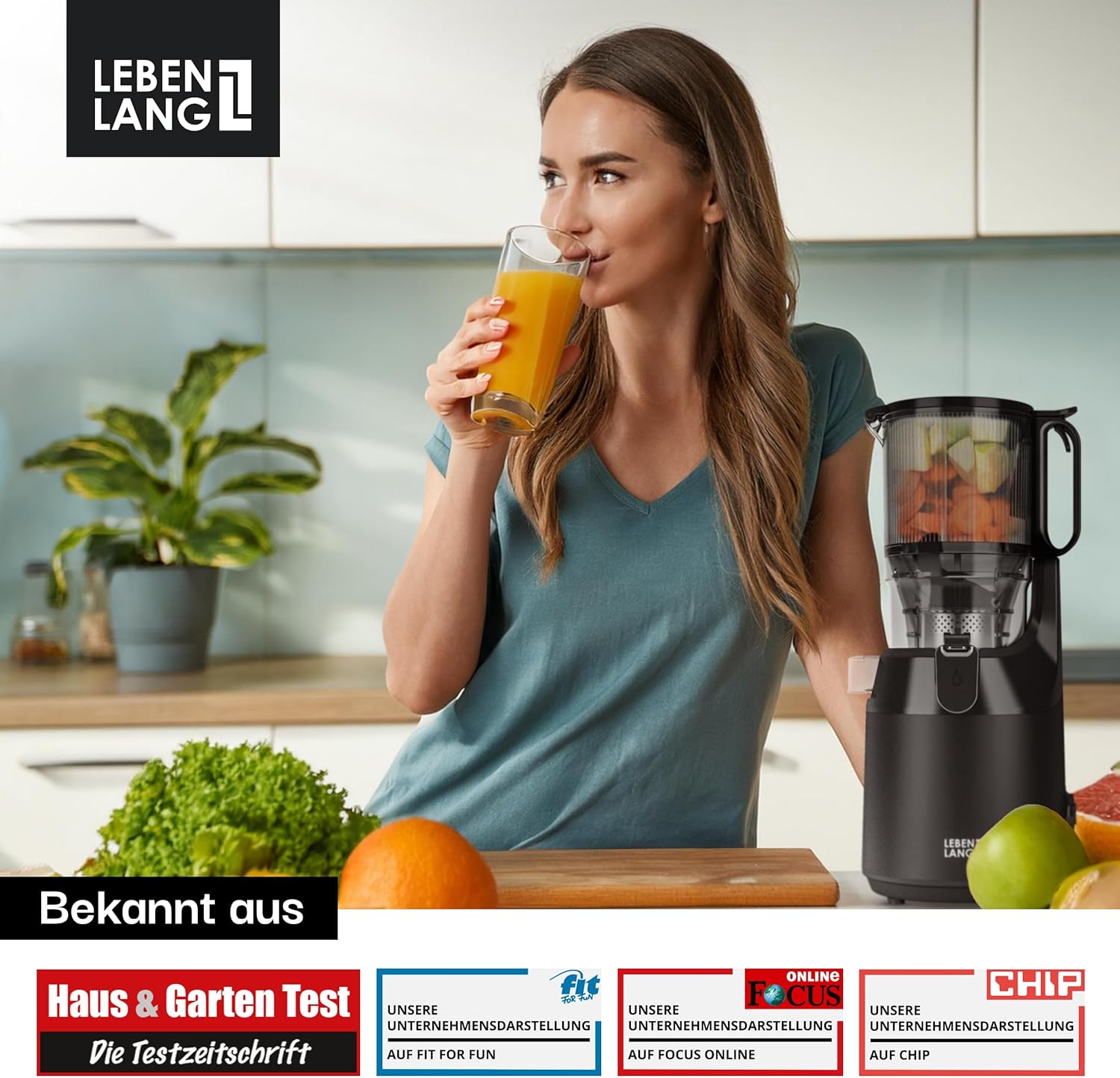 LEBENLANG Entsafter Slow Juicer - Inkl. Rezeptbuch & Große 135mm Öffnung I Perfekt für Obst ganze Früchte und Gemüse 100% BPA-Frei I Best Juicer Machine Saftpresse elektrisch Masticating Green Press