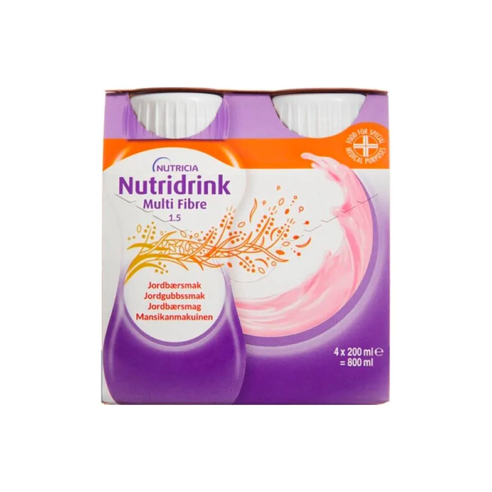 Nutridrink Multi Fibre Jordbær - 4 x 200 ml.