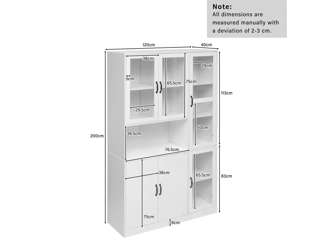 Vitrine Buffet haut 6 portes et 1 compartiment - LEDs - Bois en MDF - Blanc - 120 x 40 x 200 cm