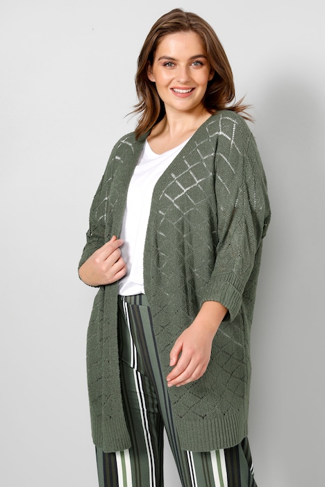 Strickjacke, oversized, Ajourstrick, offene Form, 3/4-Ärmel