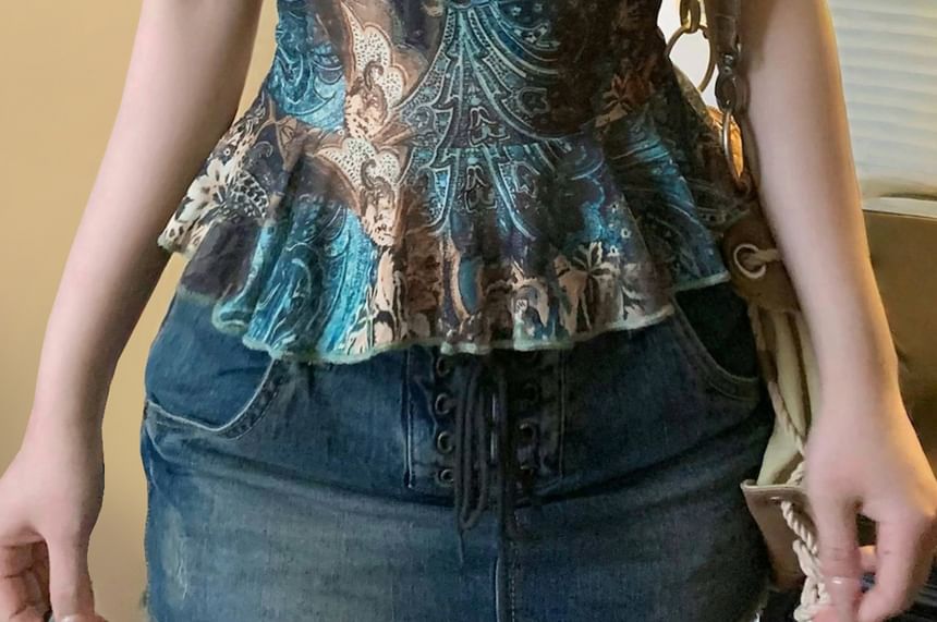BrickBlack - V-hals cami-top met patroonprint en gerimpelde zoom, slim-fit