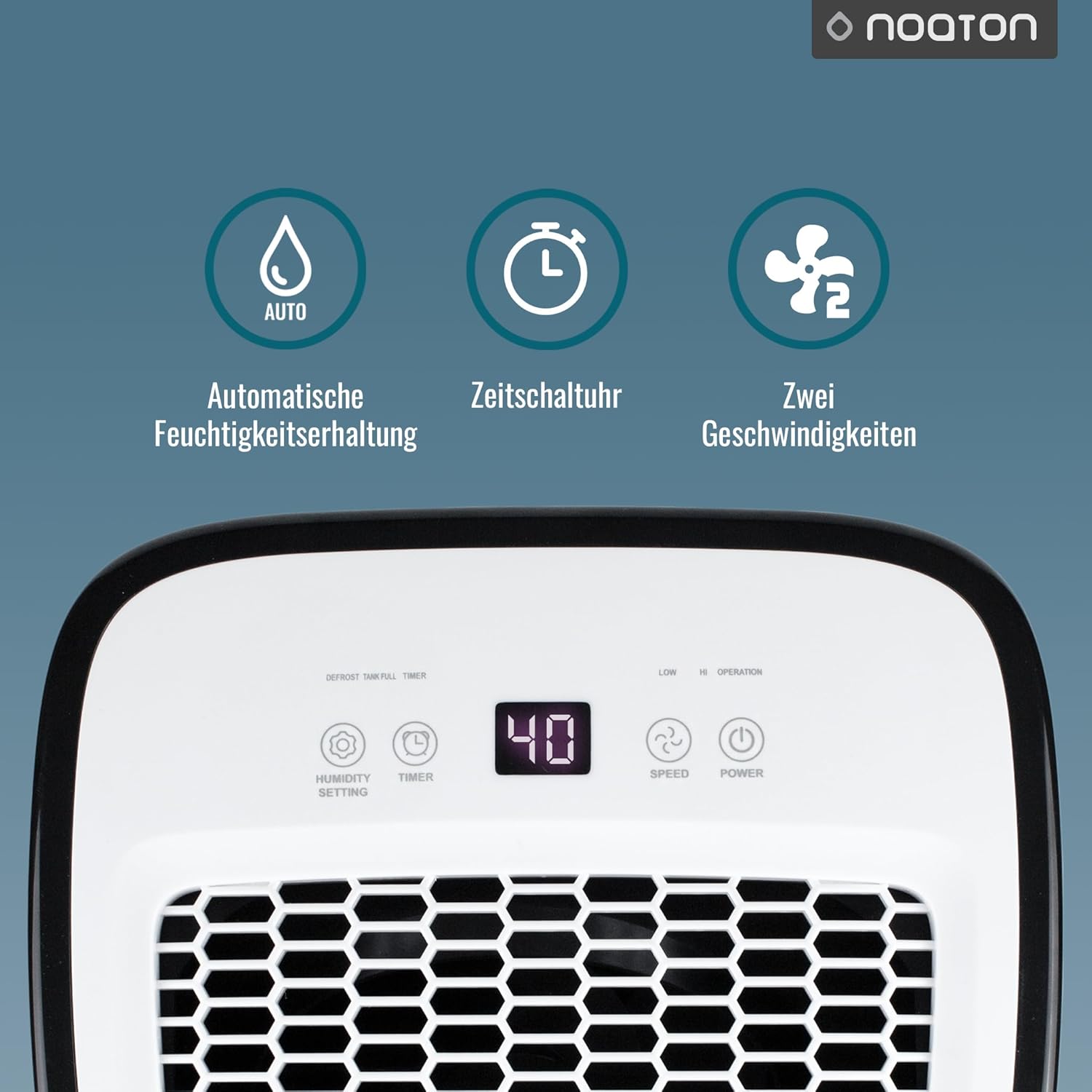 Déshumidificateur Noaton DF 4112, max 13L/24h, taille de la pièce env. 65 m³ (~25 m²), 190 W, réservoir d'eau de 2,5l, tuyau d'évacuation, minuterie, avec capteur d'humidité - Contre la moisissure