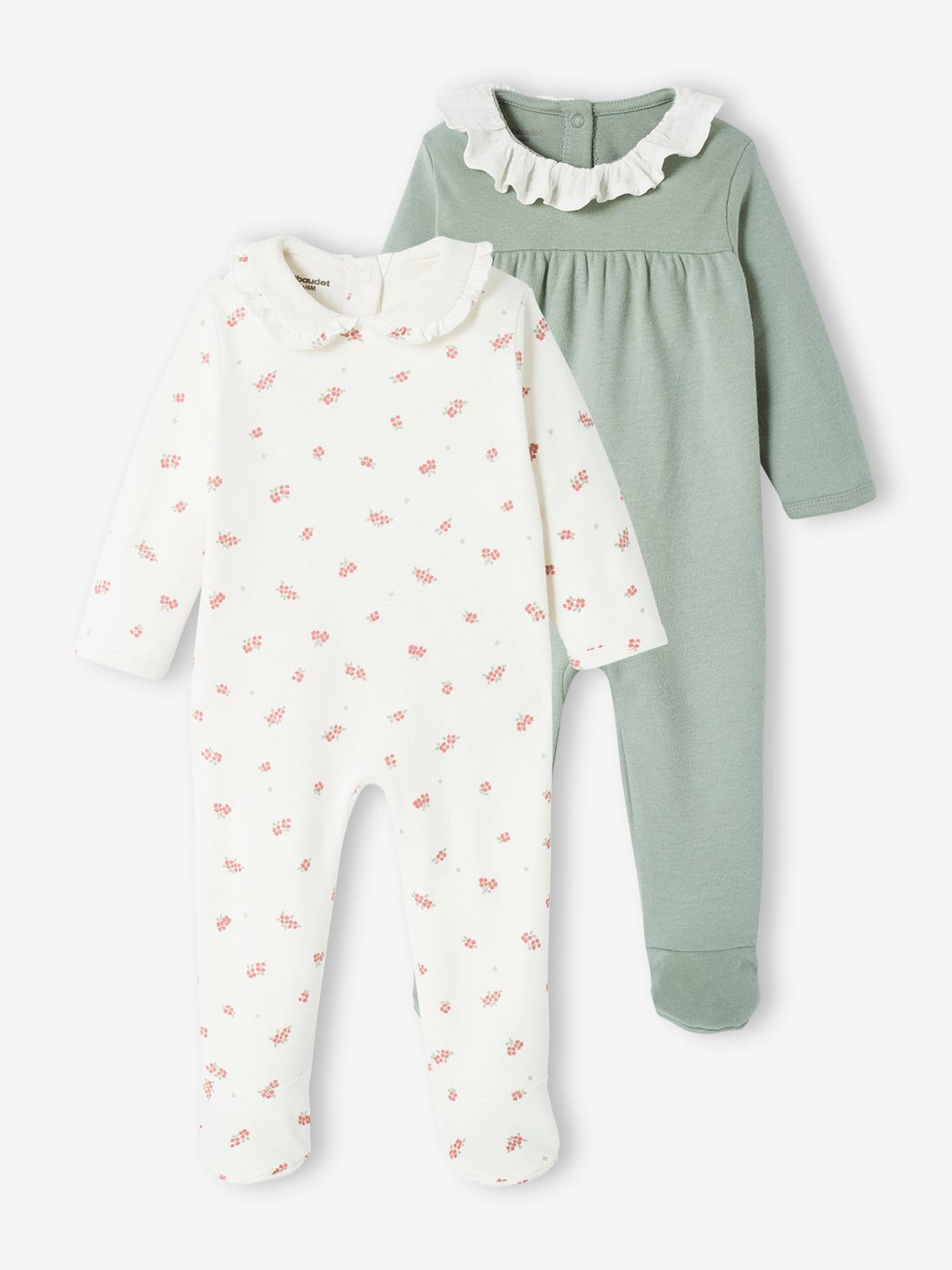 Conjunto de 2 macacões de malha interlock com gola de chiffon de algodão para bebê, verde salgueiro