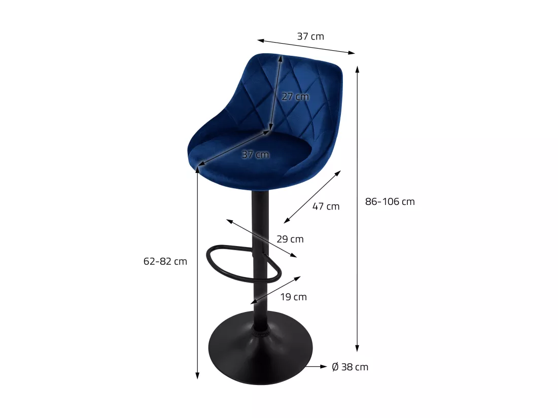 Lot 4 tabourets de bar rembourrées velours chaise bleu hauteur réglable 62-82cm