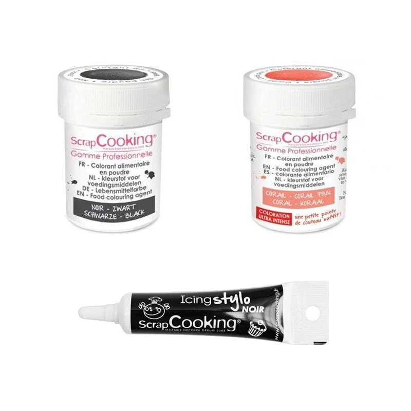 2 colorants alimentaires corail-noir + Stylo glaçage noir Scrapcooking