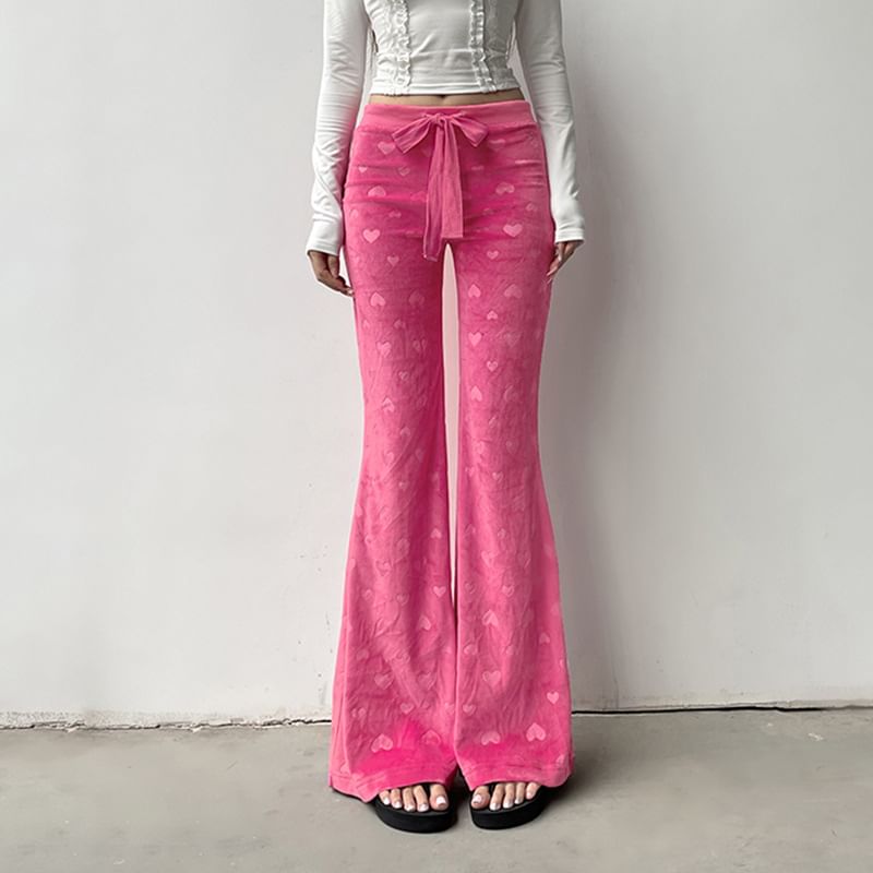 Honet - Lage taille, trekkoord, hartprint, fluwelen, rechte, bootcut broek