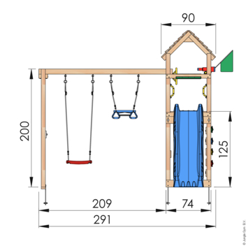 Speeltoestel Jungle Gym Cocoon douglas met glijbaan blauw en 2-schommel module