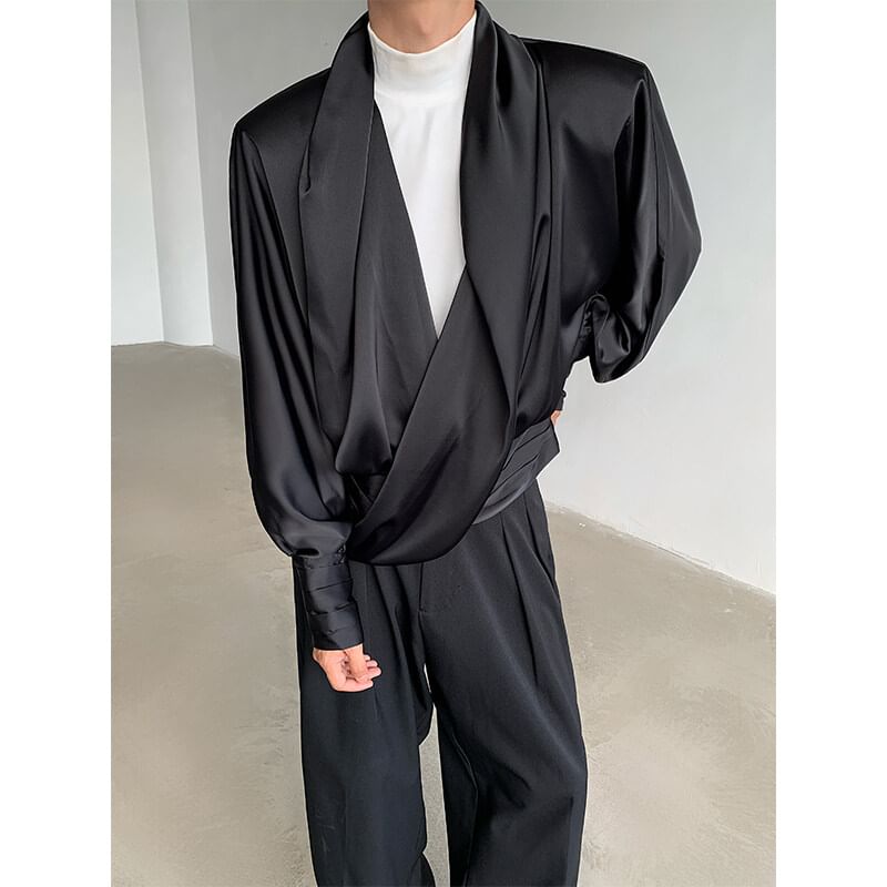 Freehop - effen asymmetrisch overhemd met pofmouwen en V-hals