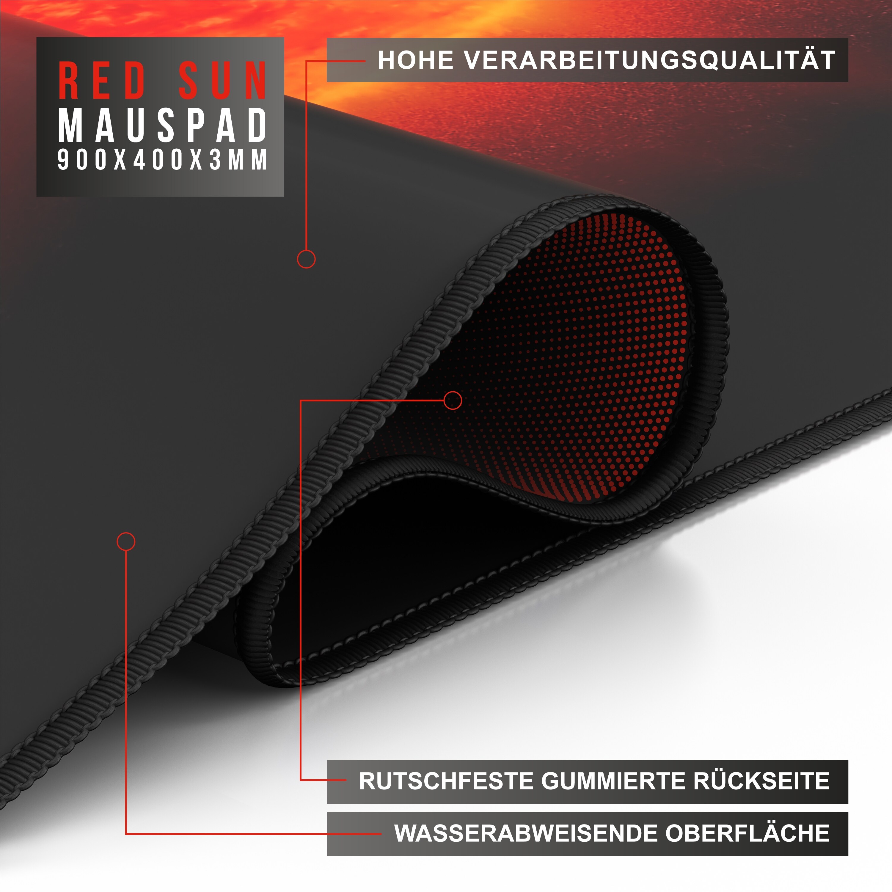 CSL Gaming Mauspad, XXL Schreibtischunterlage 900 x 400mm, Präzision & Geschwindigkeit, Rote Sonne