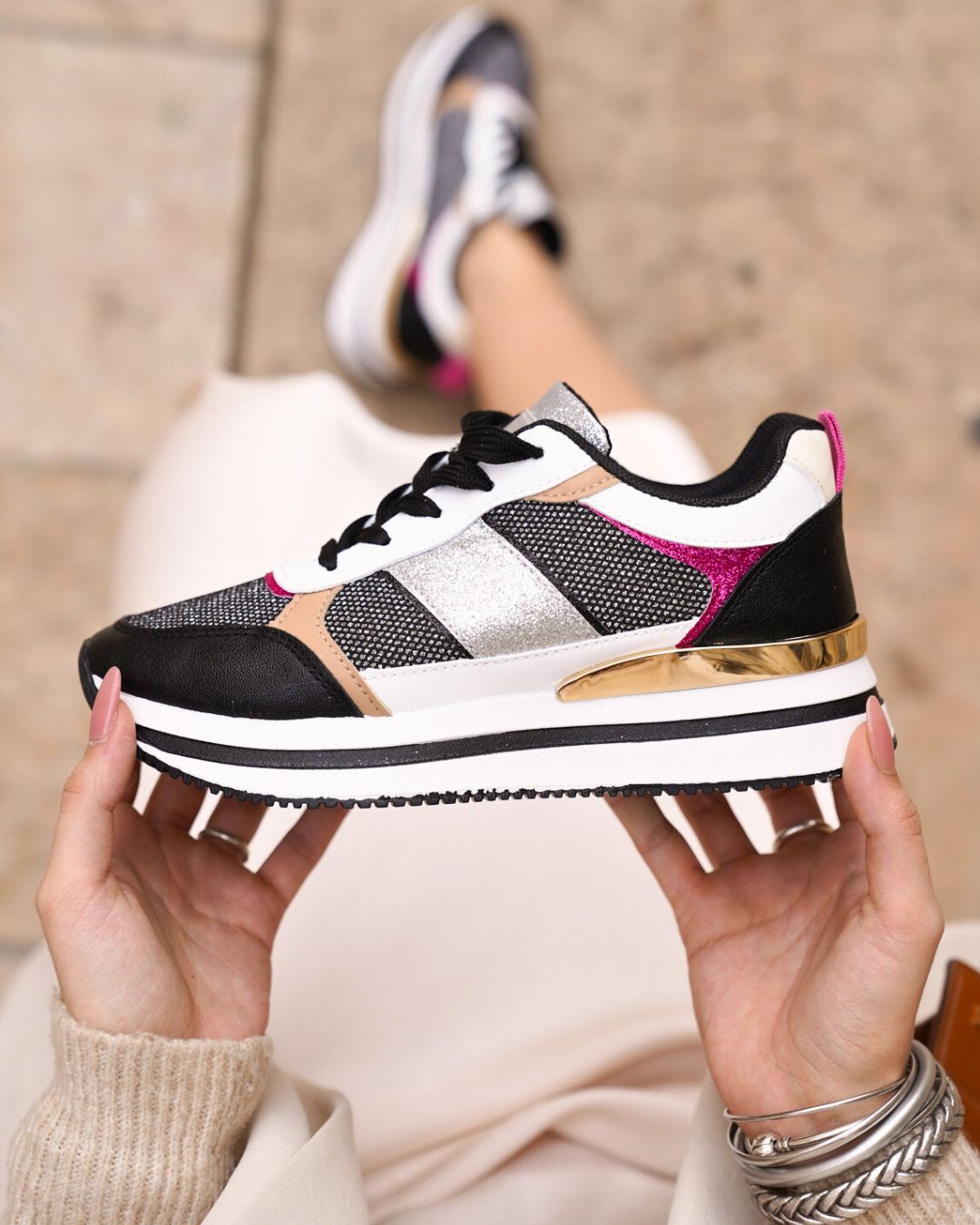Basket femme noire semelle épaisse à lacets - Lula