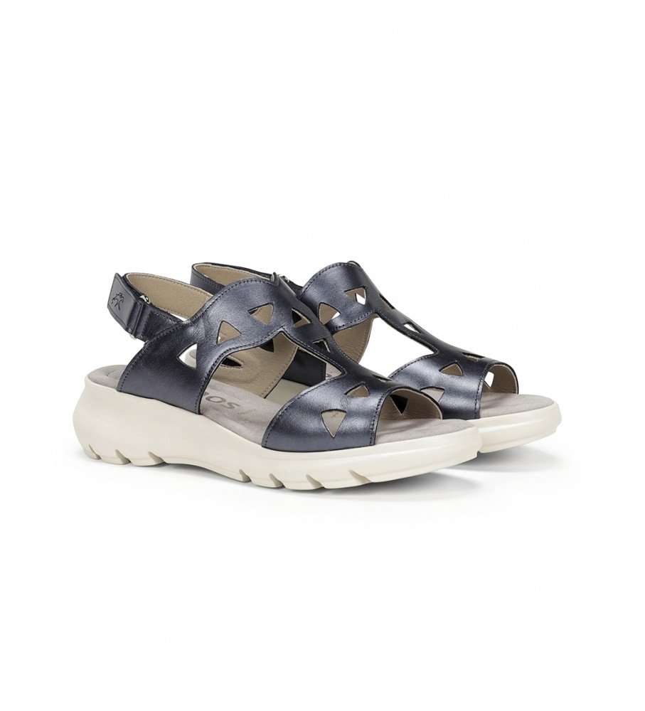 Sandálias Fluchos Lua em couro azul-marinho - Salto plataforma de 5 cm -