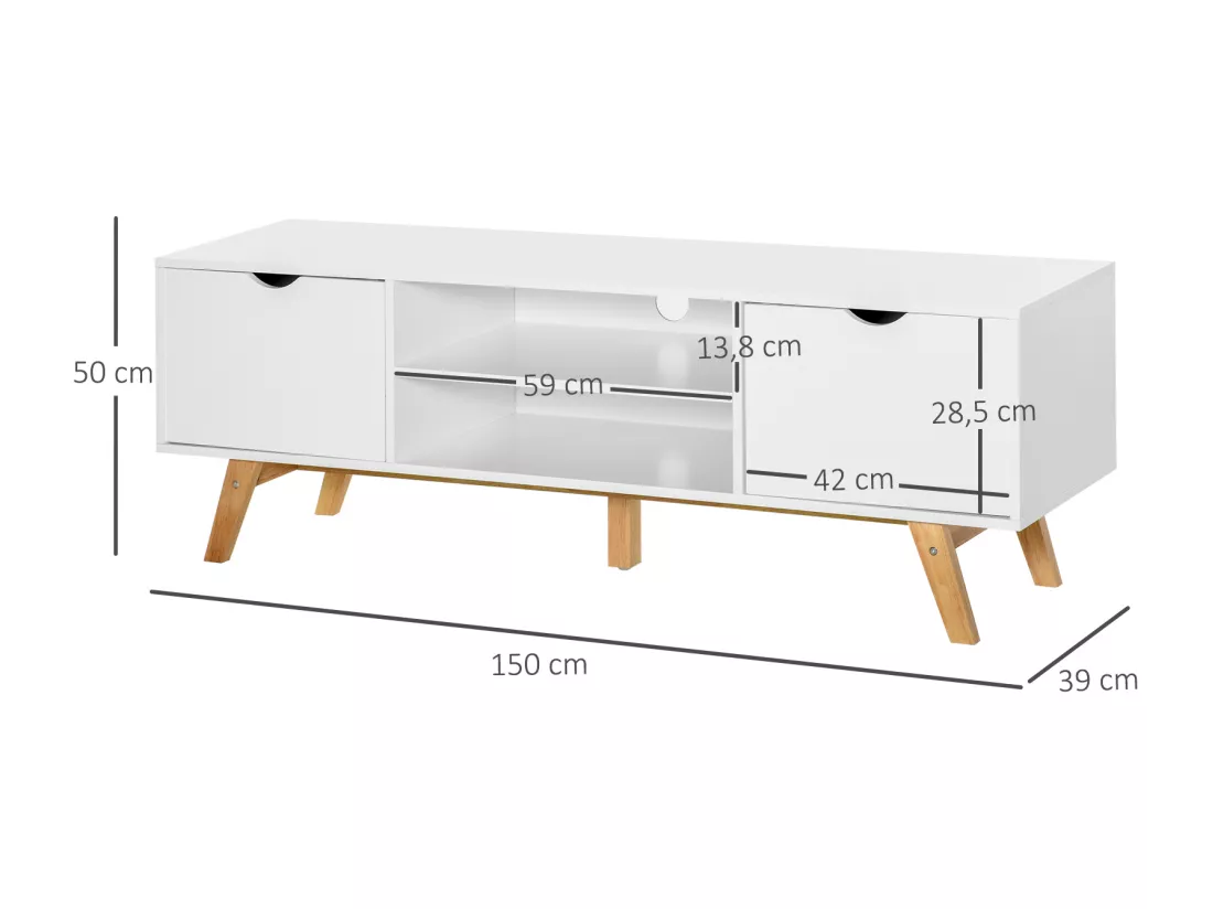 Meuble TV bas sur pied style scandinave 2 portes 2 niches passe-fils panneaux particules MDF blanc bois massif hévéa