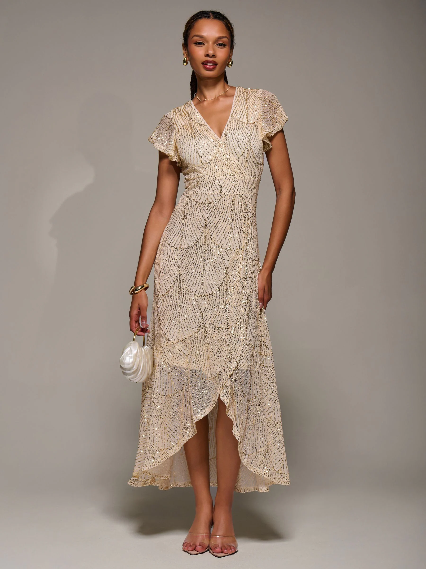 Jolie Moi Frill Short Sleeve Sequin Maxi Dress