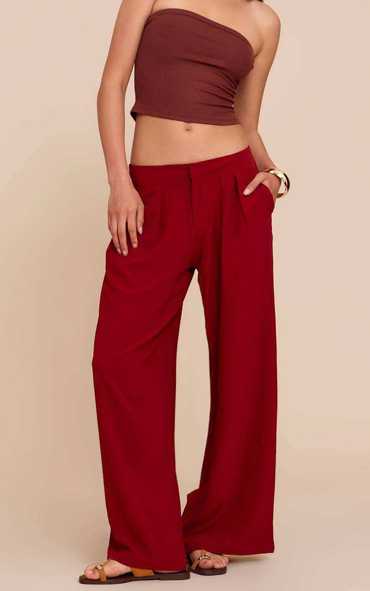 Rouge Profond Pantalon Large À Double Pli En Tissu Fluide